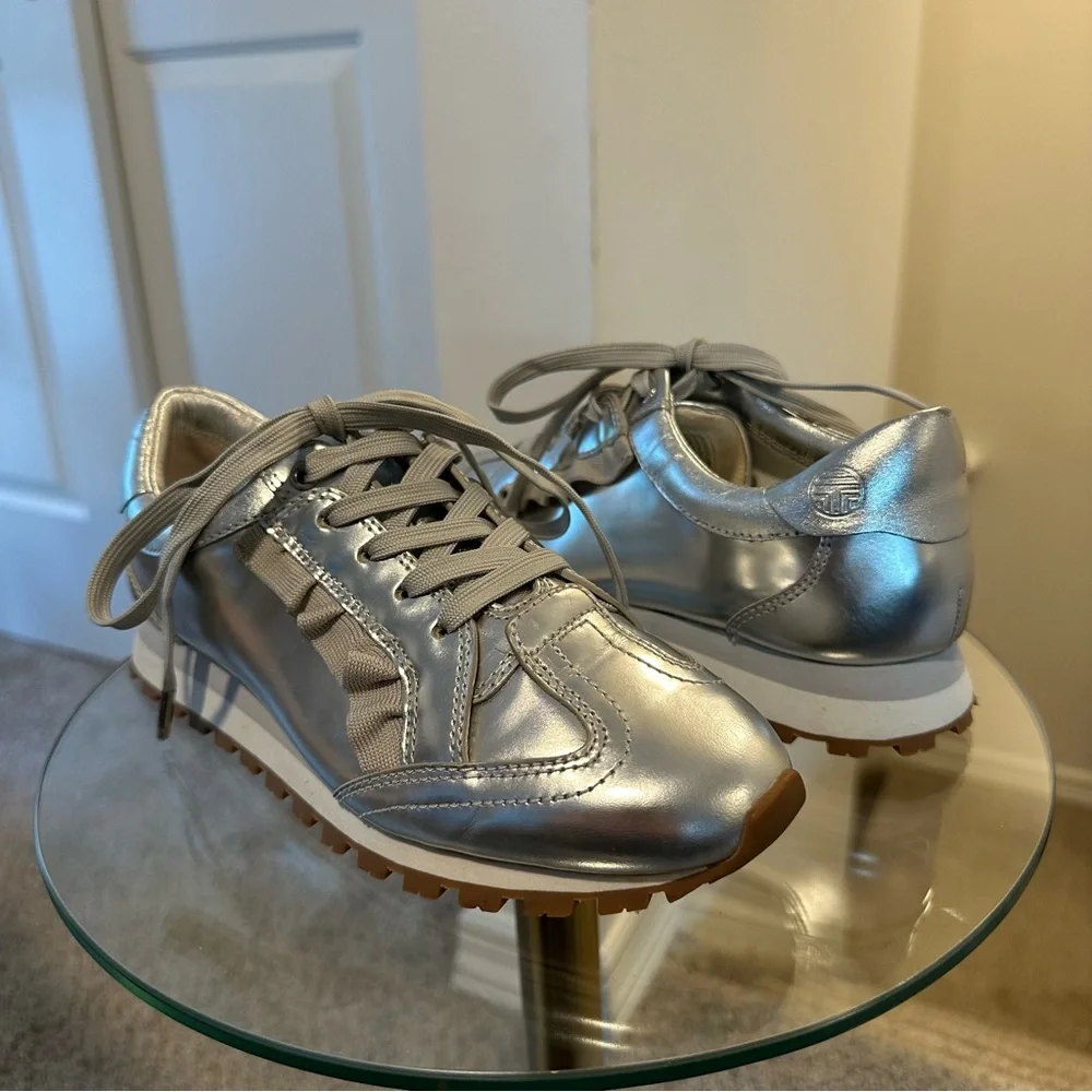 Tory Burch Sport Women's Ruffle Trainer Leather Lace Up Sneakers in Silver